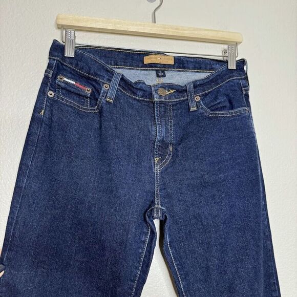 Vintage Tommy Jeans Y2K Size 7L Flare Leg Hilfiger Denim 33" Inseam Dark Wash - Picture 2 of 13
